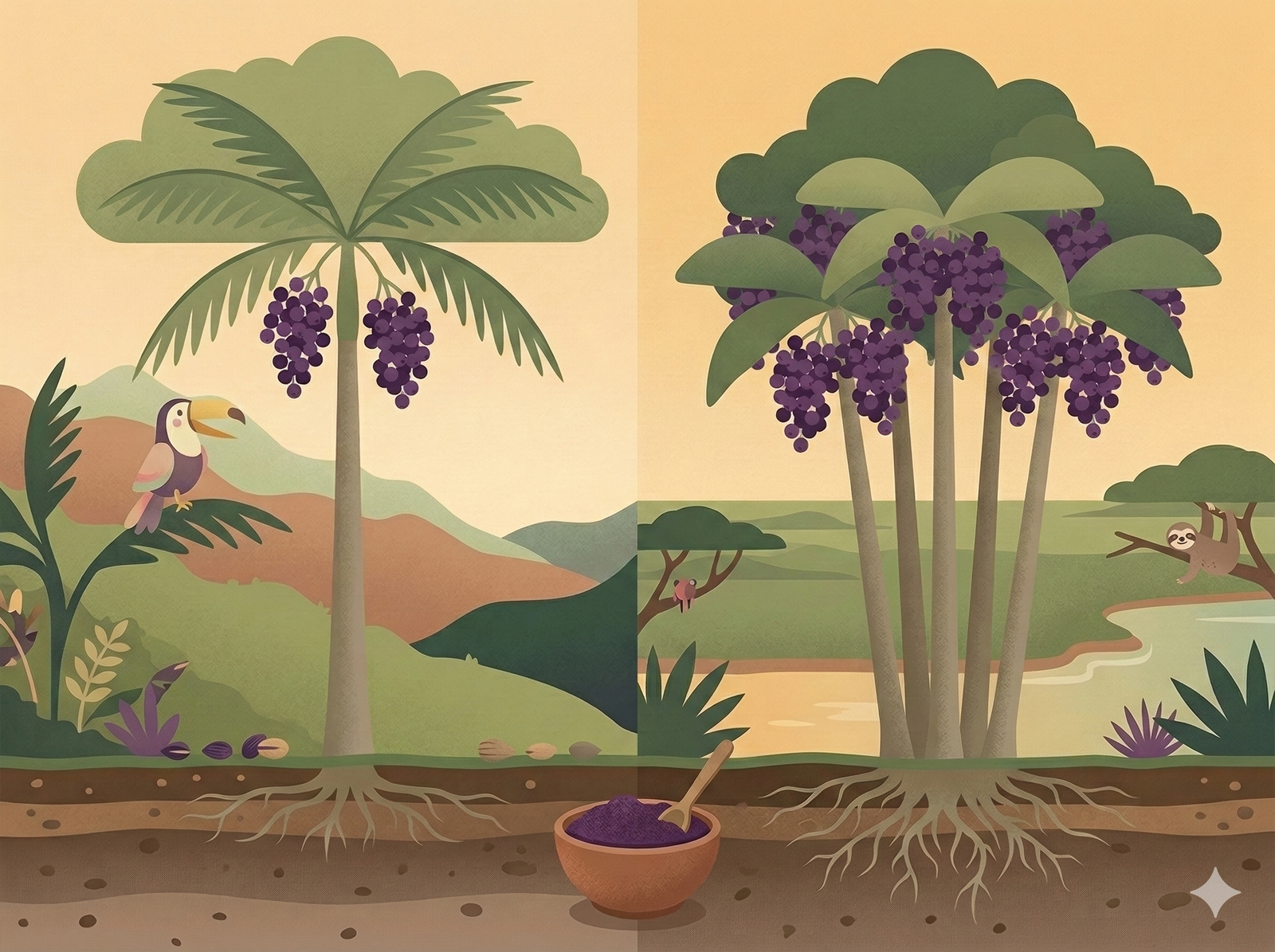 Diagrama vetorial comparando o tronco único da palmeira Juçara com o crescimento em touceira do açaí amazônico.