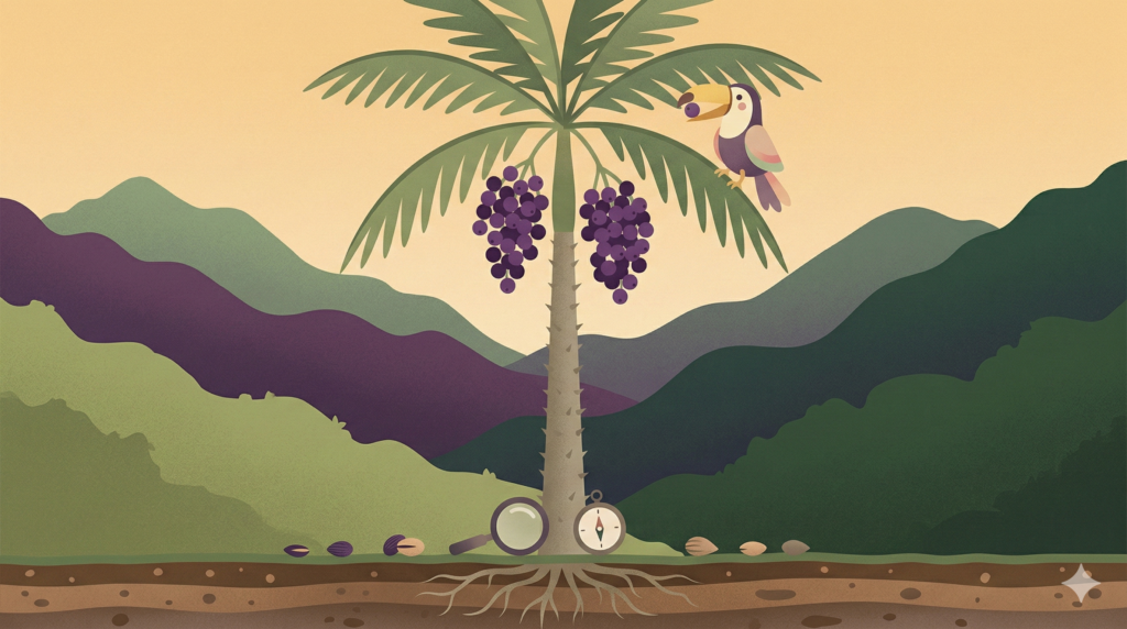 Ilustração vetorial de uma palmeira Juçara com frutos roxos e um tucano na Mata Atlântica.