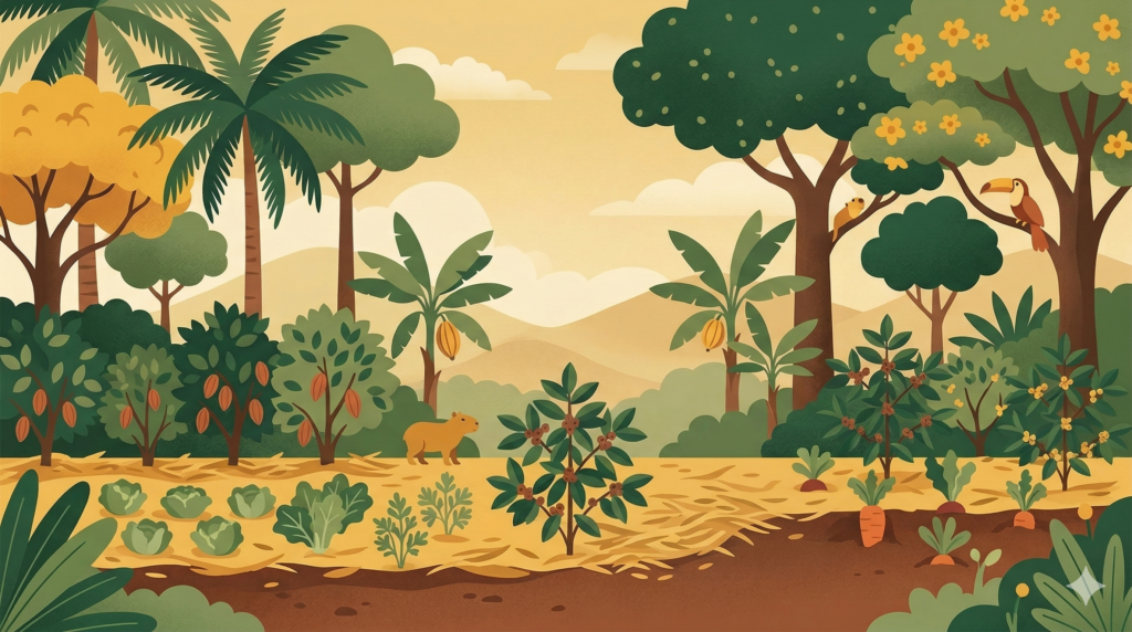 Ilustração vetorial mostrando as camadas de uma agrofloresta com árvores altas, arbustos e horta convivendo em harmonia.