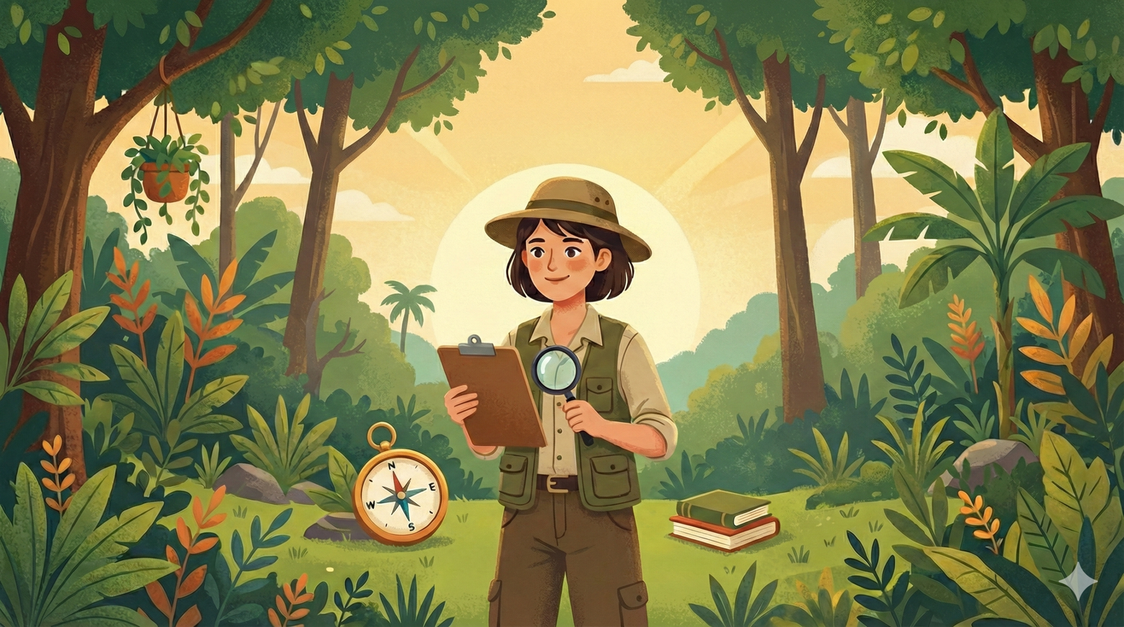 Pessoa de cabelos curtos segurando prancheta e lupa no meio da floresta.