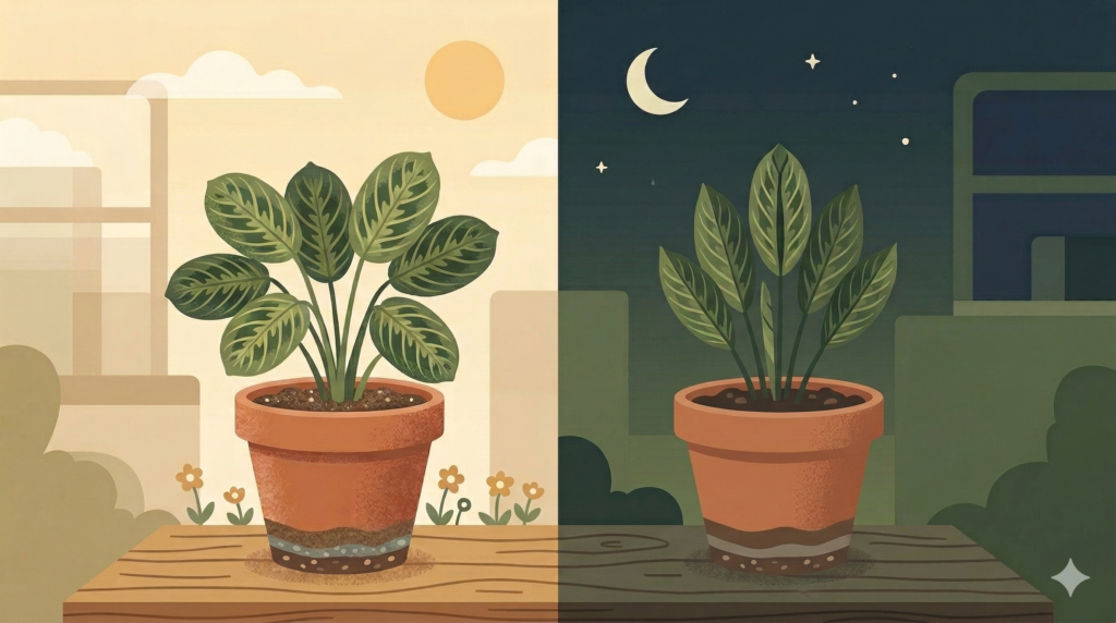 Ilustração vetorial de uma planta Maranta em dois momentos: à esquerda com folhas abertas durante o dia e à direita com folhas fechadas para cima durante a noite.