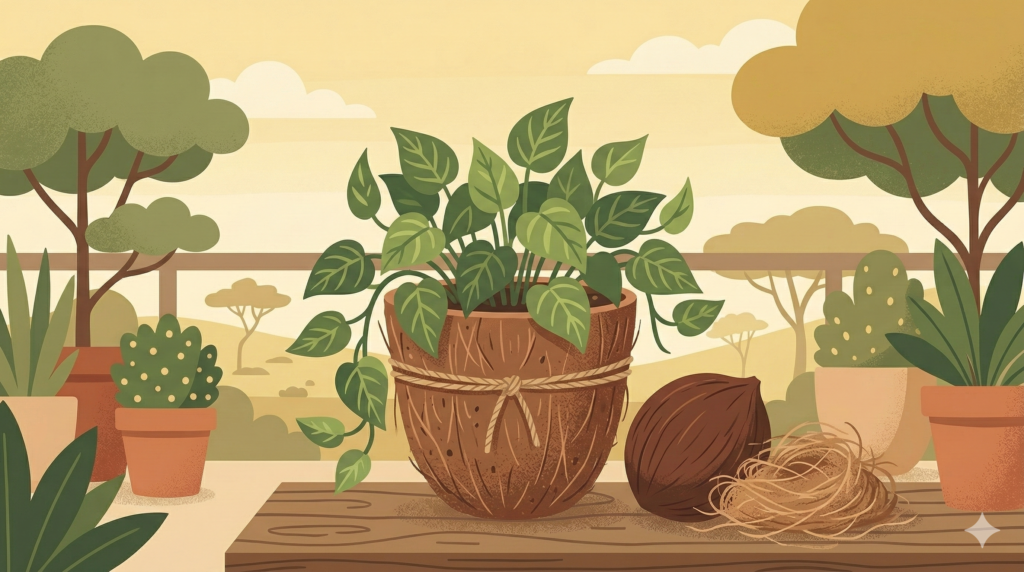 Ilustração vetorial de um vaso de fibra de coco artesanal com uma planta jiboia, ao lado de um coco seco e fibras naturais.