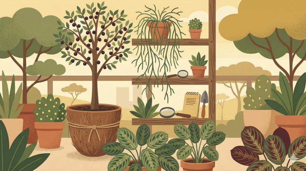 Ilustração vetorial de uma composição de plantas em diferentes alturas, incluindo uma pequena árvore, folhagens estampadas e uma planta pendente.