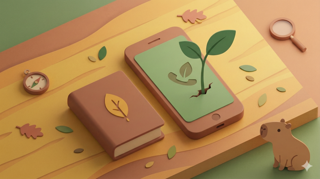 Ilustração de um celular de onde brota uma muda de árvore, simbolizando o pedido de plantio via aplicativo ou telefone.