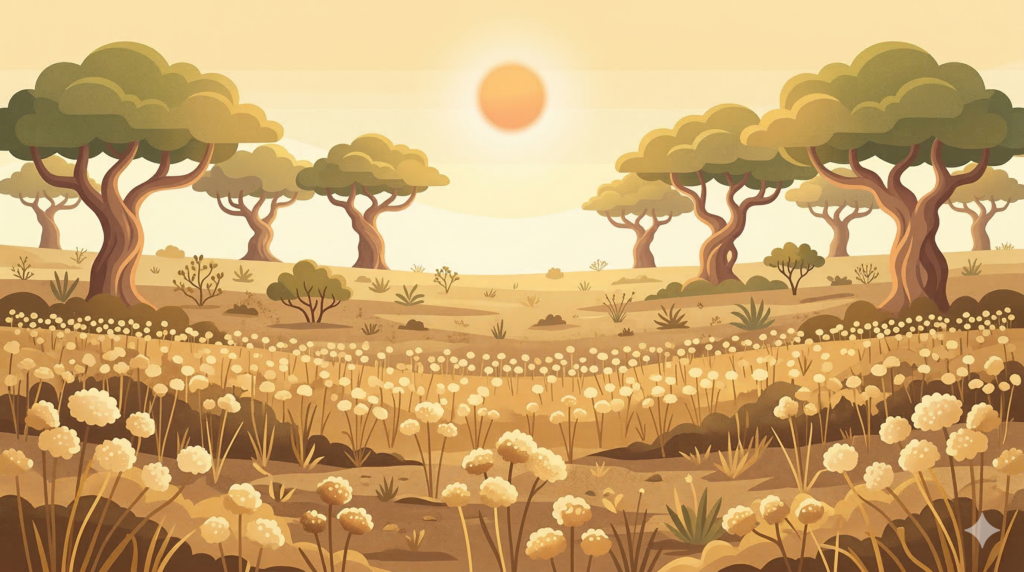 Ilustração vetorial de uma paisagem estilizada do Cerrado sob um sol alaranjado, com um campo de chuveirinhos e árvores de troncos retorcidos ao fundo.