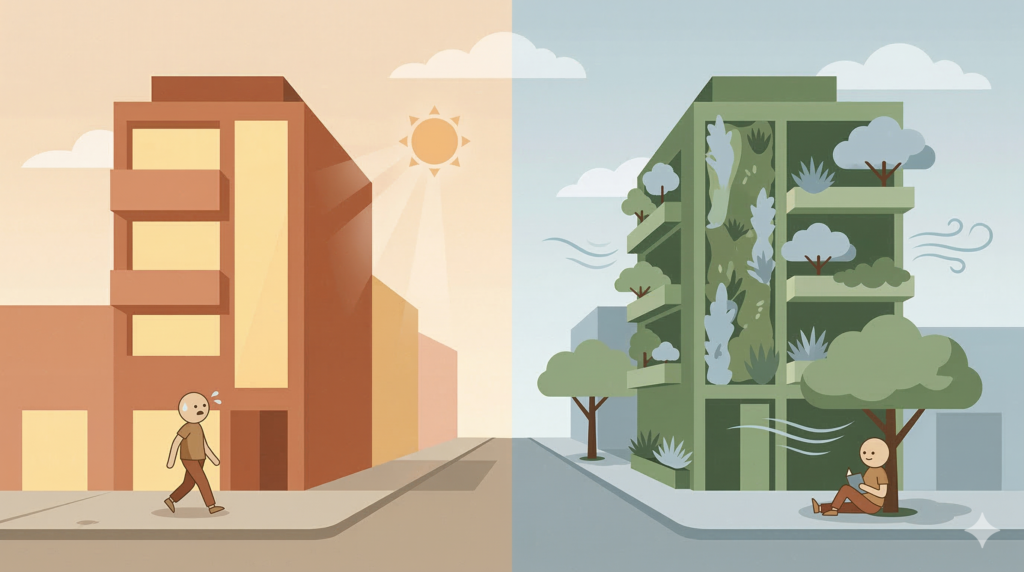 Comparativo vetorial de temperatura entre prédios com e sem vegetação.