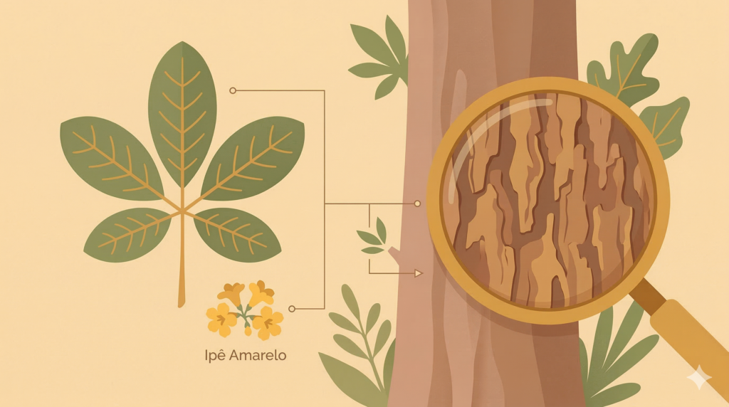 Detalhes botânicos para identificação do Ipê Amarelo.