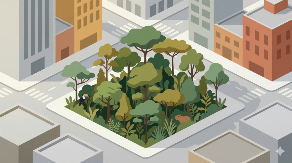 Ilustração vetorial de uma mini floresta de bolso densa e verdejante no meio de um cenário urbano cinza e minimalista.