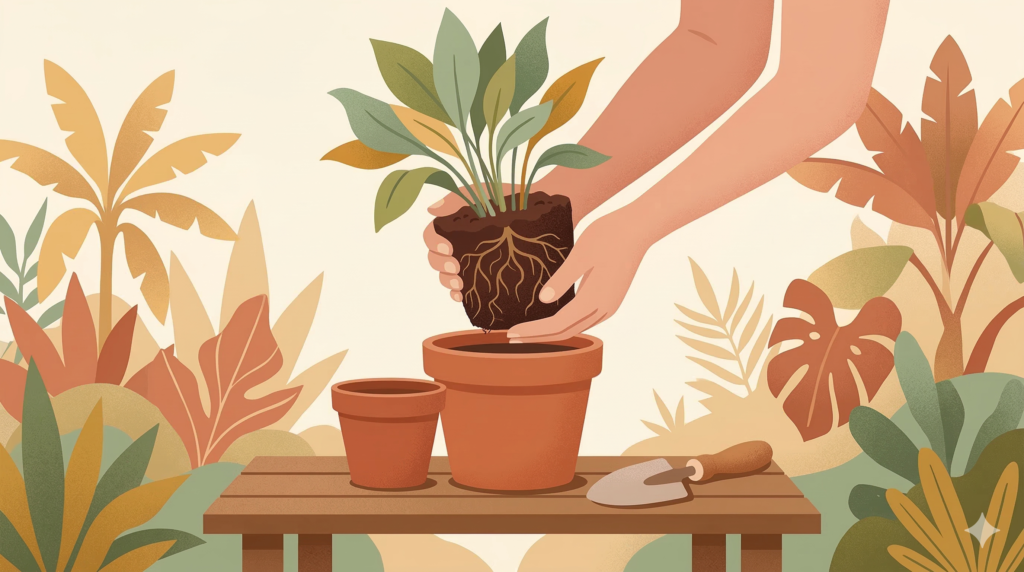 Passo a passo vetorial de como cuidar de uma planta com raízes encharcadas.