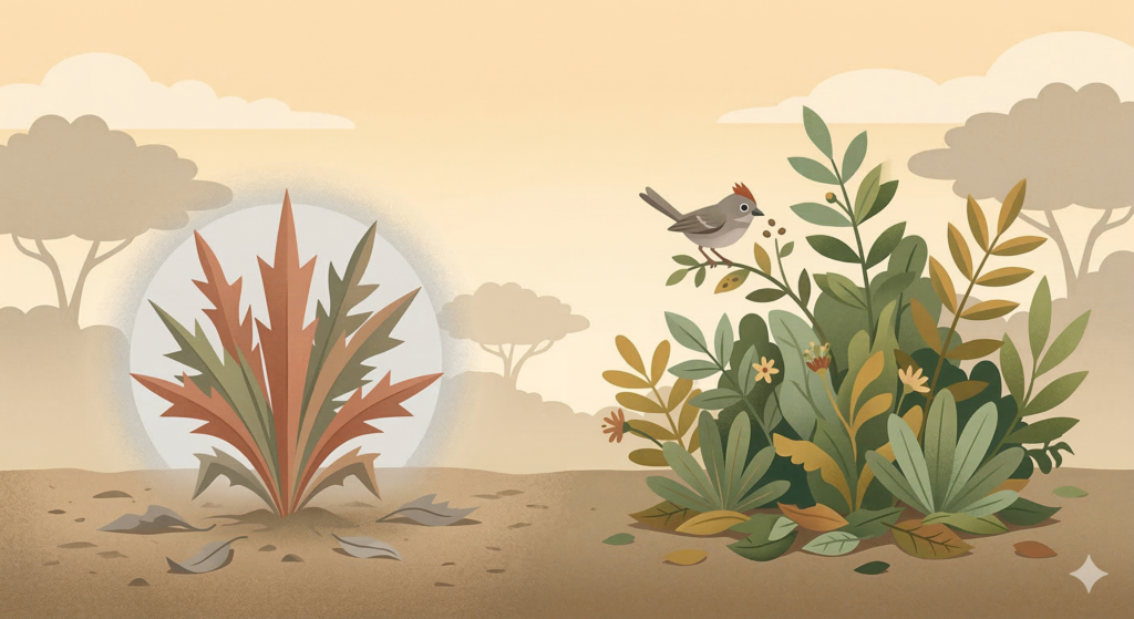 Comparativo visual entre planta exótica invasora e planta nativa brasileira.