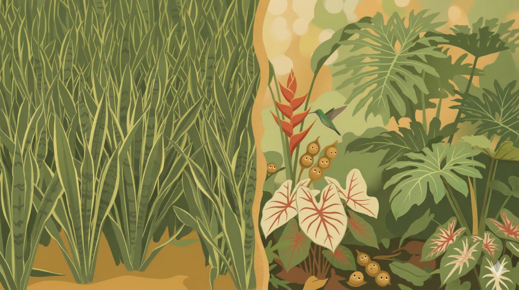 Uma imagem dividida ao meio. Do lado esquerdo, uma moita densa e um pouco "sufocante" de Espada de São Jorge em tons mais sóbrios. Do lado direito, uma explosão de cores e formas de várias plantas nativas brasileiras citadas no texto (como Pacová, Guaimbê e Tinhorão), com a presença de um beija-flor, simbolizando a vida que volta.