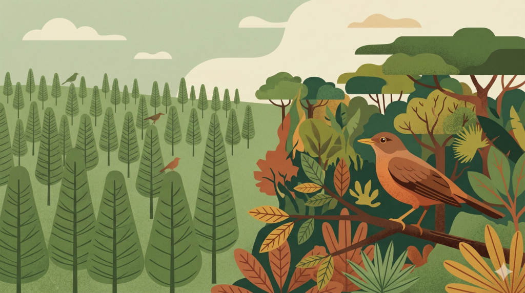 Uma comparação entre uma área dominada por uma única espécie invasora (ex: Pinus ou Leucena) — parecendo um "deserto verde" — e uma borda de floresta nativa vibrante e diversa.