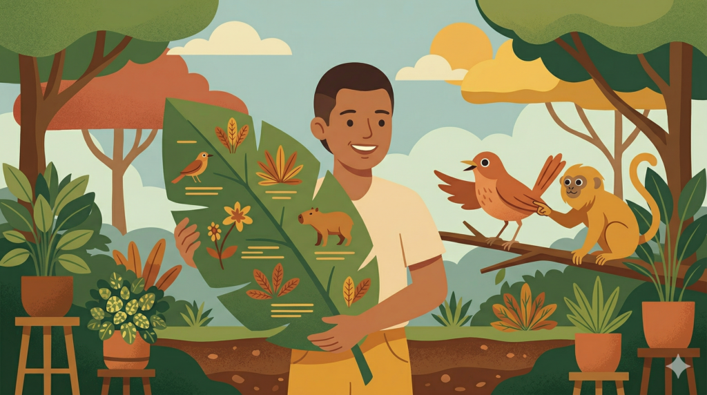 Ilustração de uma pessoa sorrindo e segurando uma grande folha tropical como se fosse um cardápio de restaurante. Um passarinho nativo brasileiro, com olhos de pintinha, e um pequeno macaco observam a folha com entusiasmo.