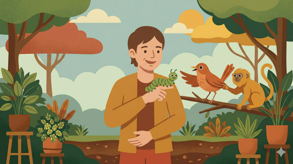 Ilustração de uma pessoa sorrindo e segurando delicadamente uma lagarta verde fofa e amigável com olhos de ponto em seu dedo.