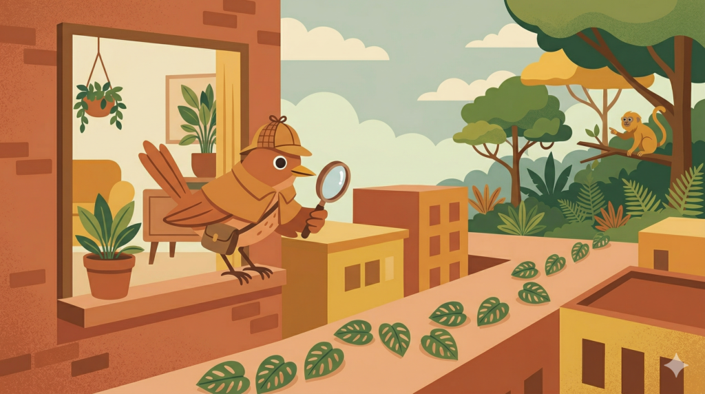 Ilustração de um pássaro vestido como um detetive fofo com uma lupa, seguindo um rastro de folhas verdes de Monstera que sai da janela de um apartamento em direção a uma floresta distante.