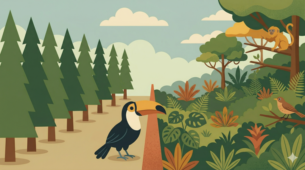 Ilustração de um tucano olhando para uma linha divisória nítida: à esquerda, uma fileira perfeitamente reta e monótona de pinheiros idênticos; à direita, uma floresta nativa brasileira selvagem, desordenada e bela, repleta de plantas diversas.