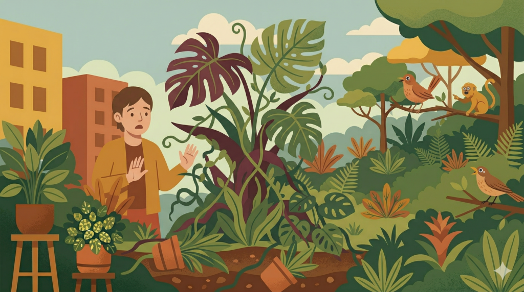 Ilustração de uma pessoa não-binária de 28 anos com expressão de surpresa, mas tentando manter a calma com as mãos erguidas, em frente a uma planta exótica gigante e exuberante, com folhas grandes, que está tomando conta de um pequeno jardim.