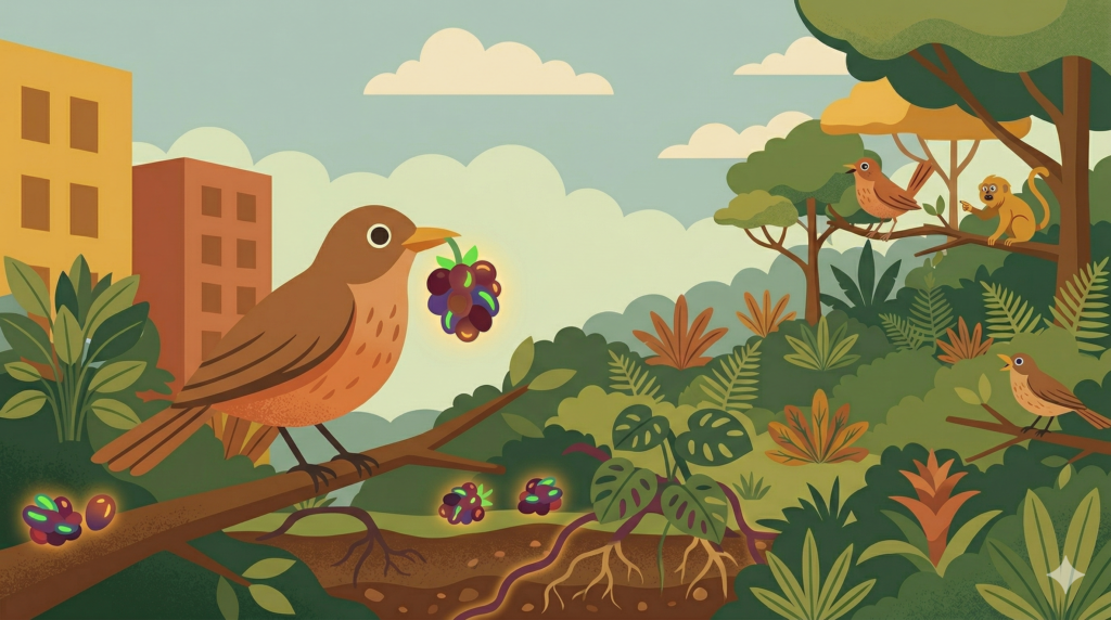 Ilustração de um pequeno pássaro nativo brasileiro com olhos em forma de ponto, segurando uma fruta exótica e brilhante em seu bico.