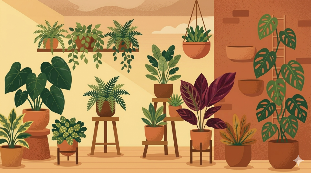 Ilustração de uma sala de estar rodeada por belas e vibrantes plantas nativas brasileiras, como a Pacová e a Maranta.