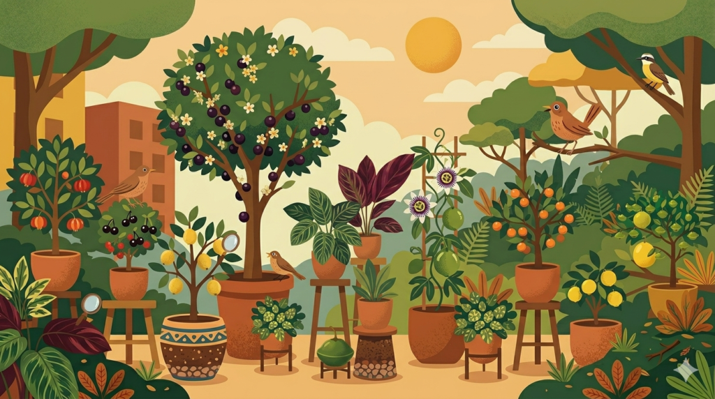 Ilustração de vários vasos de plantas nativas na varanda.