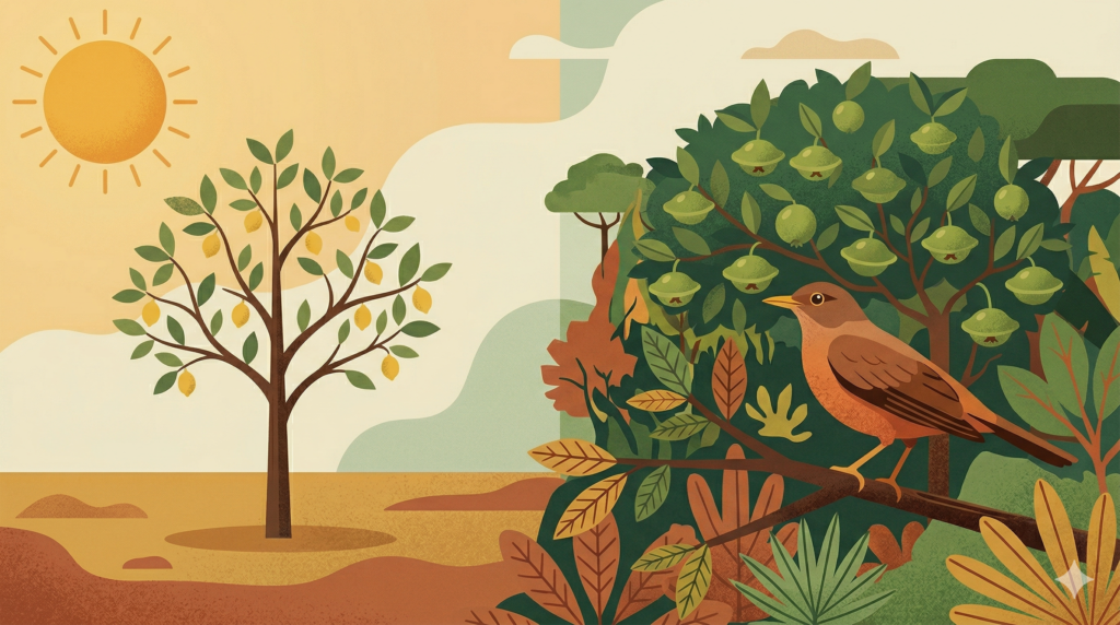 Uma comparação lado a lado. De um lado, um limoeiro genérico sob um sol forte; do outro, um Cambucizeiro frondoso com seus frutos em formato de disco voador e um Sabiá-laranjeira pousado.