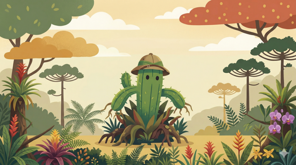 planta invasora com chapeu de exploradora chegando em um terrirorio diferente de onde veio