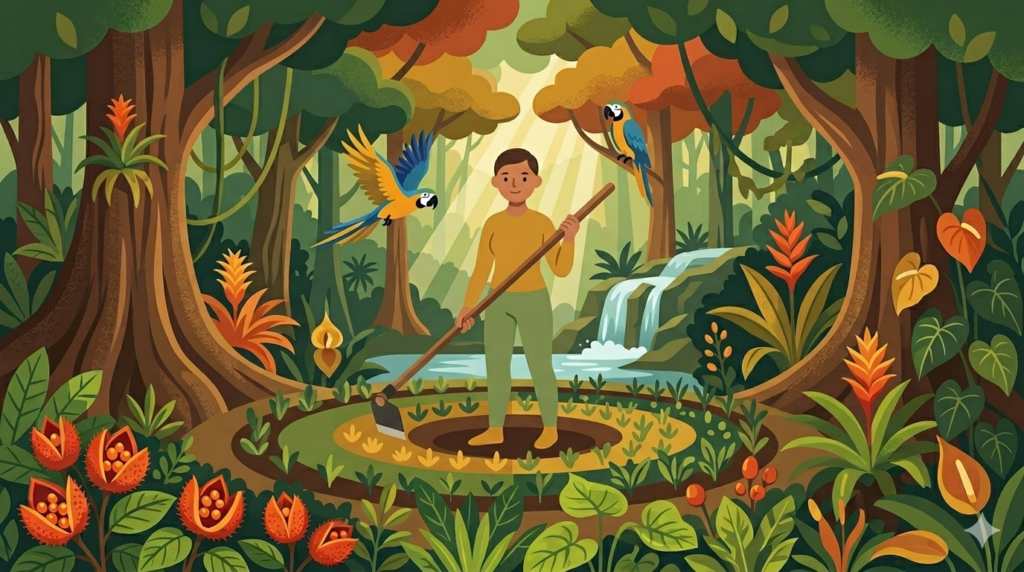 Ilustração vetorial de pessoa segurando uma enxada em horta diversa com tons terrosos.