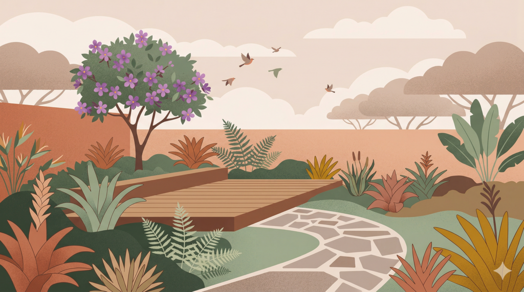 Ilustração vetorial plana, horizontal. Um jardim moderno e sustentável com plantas nativas brasileiras em camadas (quaresmeira, bromélias, samambaias). Um deck de madeira minimalista e um caminho de pedra. Pássaros estilizados (sabiá) voando.