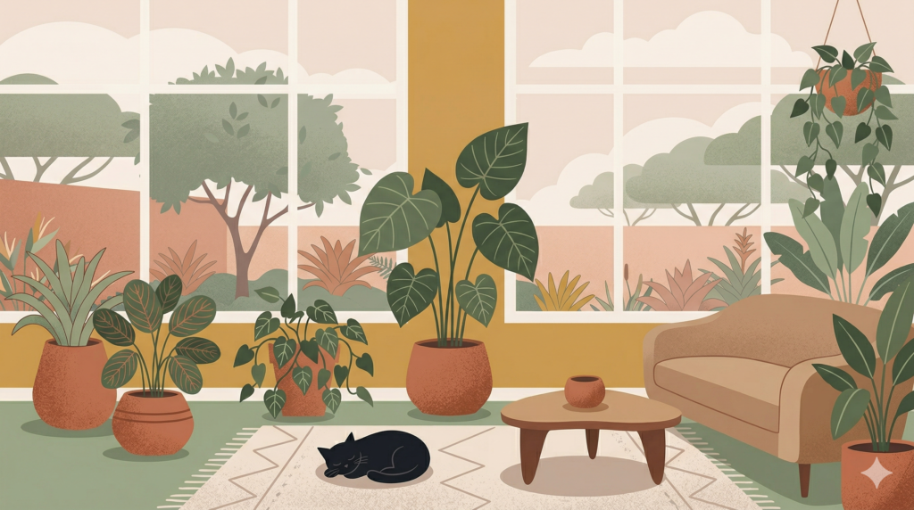 Ilustração vetorial de uma sala brasileira decorada com diversas plantas nativas de sombra e luz suave.