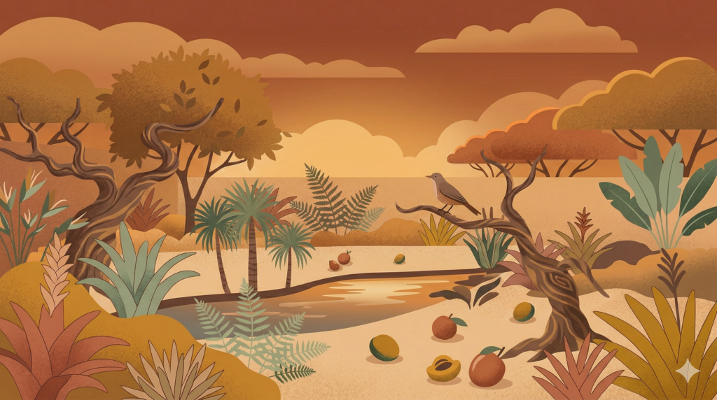 Ilustração vetorial de uma paisagem de Cerrado com árvores tortas, palmeira Buriti e luz de pôr do sol em tons terrosos.